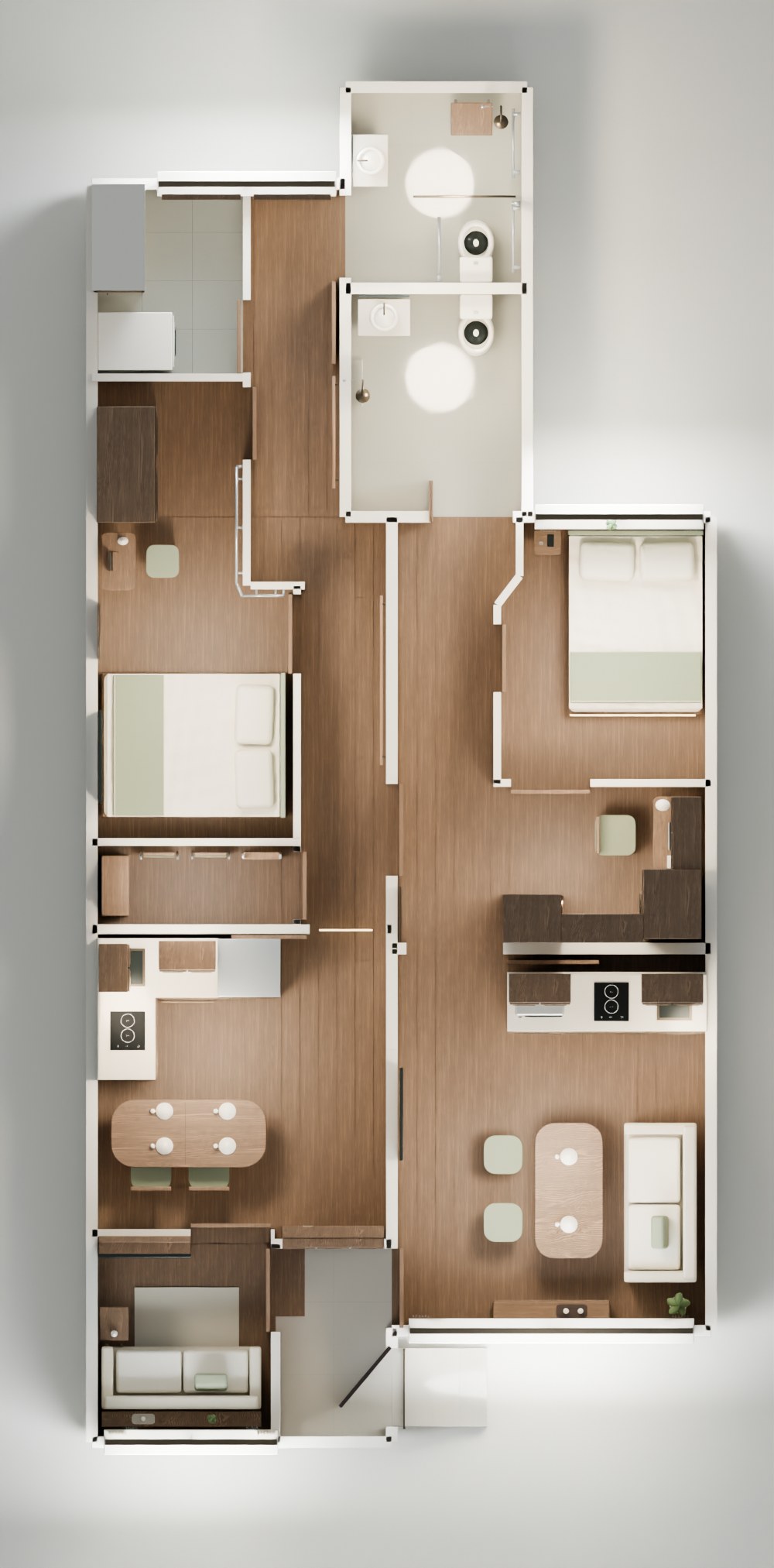 Mirrored overhead 3D plan: larger Owner B home on the left and Tenant A on the right