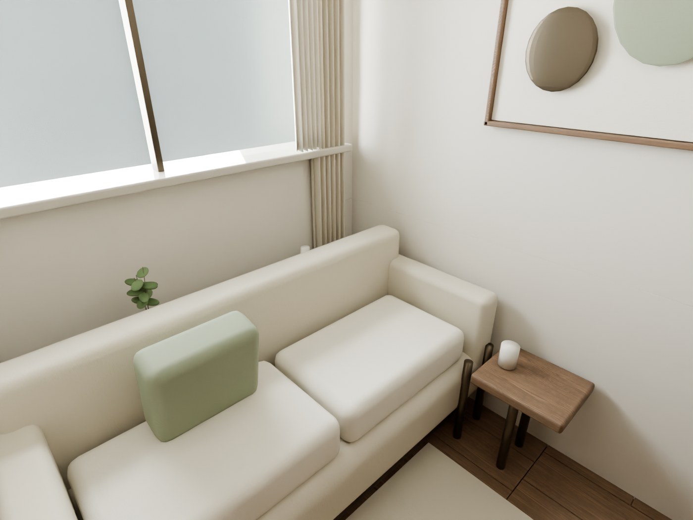The owner’s front lounge with linen seating and an oak shelf behind the sofa